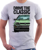 Drive The Classic VW Golf Mk3 Black Bumper. T-shirt in White Color.