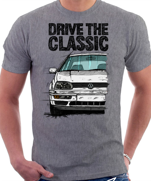 Drive The Classic VW Golf Mk3 Colour Bumper. T-shirt in Heather Grey Color.