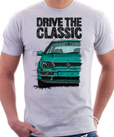 Drive The Classic VW Golf Mk3 Colour Bumper. T-shirt in White Color.