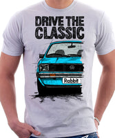 Drive The Classic VW Rabbit (Golf) Mk1 Early Model. T-shirt in White Colour