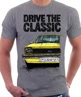 Drive The Classic Ford Fiesta Mk1 Small Bumper. T-shirt in Heather Grey Colour