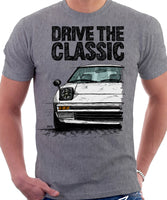 Drive The Classic Mazda RX7 Mk1  Early Model. T-shirt in Heather Grey Colour