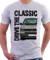 Drive The Classic VW Transporter T4 Late Model Black Bumper . T-shirt in White Colour