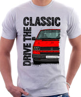 Drive The Classic VW Transporter T4 Late Model Black Bumper . T-shirt in White Colour