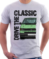 Drive The Classic VW Transporter T4 Late Model Black Bumper . T-shirt in White Colour