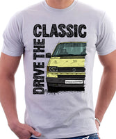 Drive The Classic VW Transporter T4 Early Model Black Bumper . T-shirt in White Colour