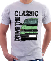 Drive The Classic VW Transporter T4 Early Model Black Bumper . T-shirt in White Colour