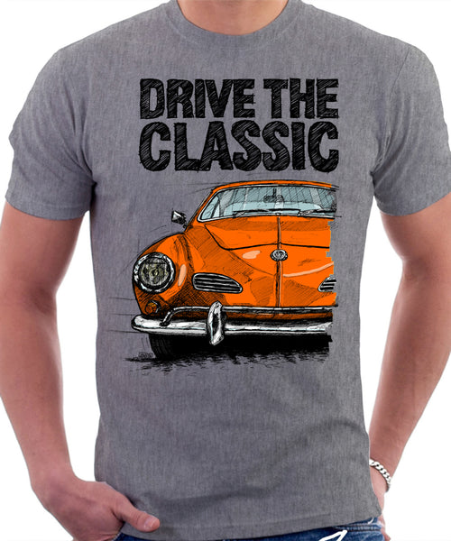 Drive The Classic VW Karmann Ghia Erly Model. T-shirt in Heather Grey Colour